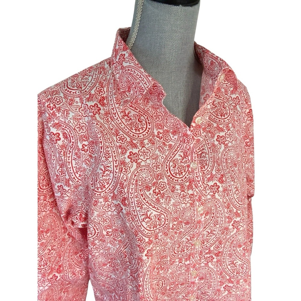 Lands' End Supima No Iron Cotton Paisley Floral Button Up Shirt Red White Sz 16 - Picture 4 of 14